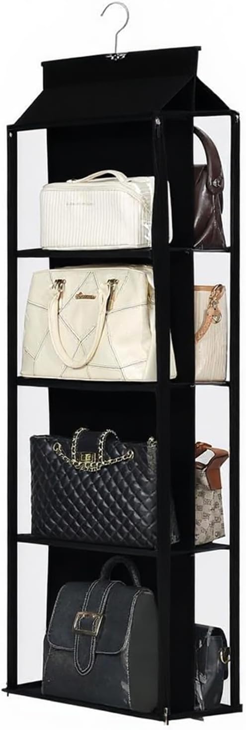 8 Grids in 1 Rotatable Hanging Purse Handbag Organizer with Double Zippers, Visible Purse Organizer for Closet, Fully Enclosed Handbag Storage Holder-Black