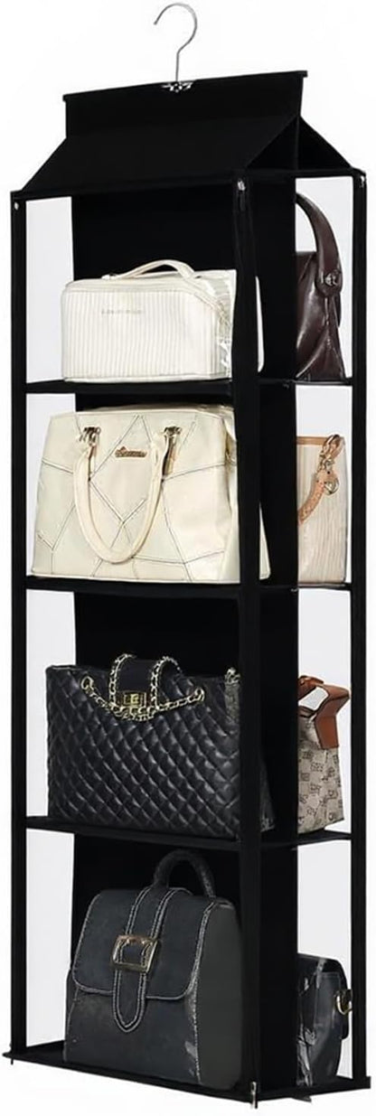 8 Grids in 1 Rotatable Hanging Purse Handbag Organizer with Double Zippers, Visible Purse Organizer for Closet, Fully Enclosed Handbag Storage Holder-Black