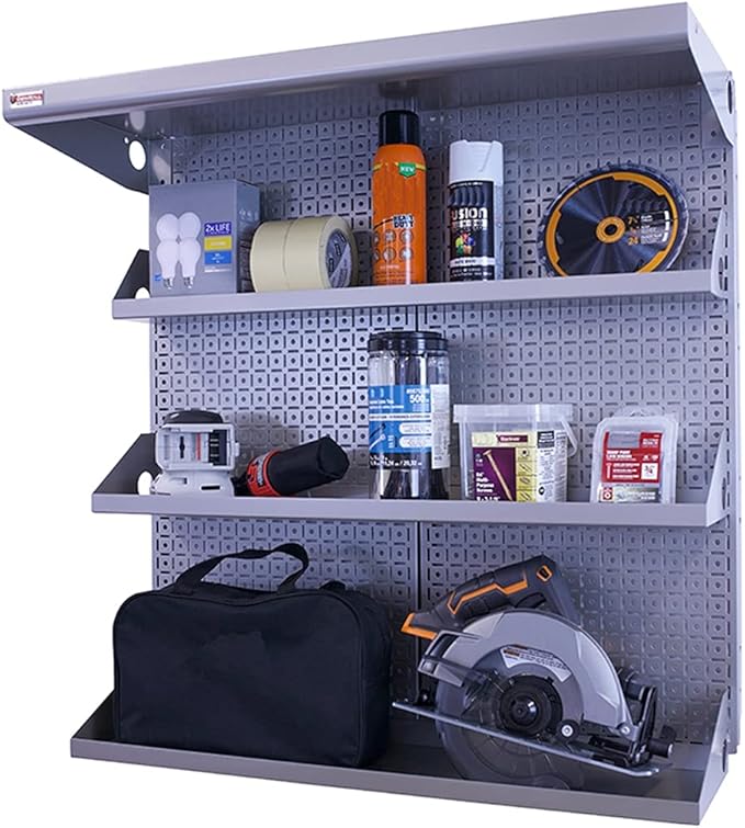 OmniWall Metal Pegboard Shelving Organization System Shelving Kit 32" x 32" Modular Pegboard- Panel Color: Silver Accessory Color: Silver