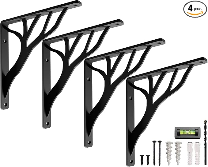 Rustic Tree Black Heavy Duty Shelf Brackets 10 inch by Balin Designs, Decorative L Brackets, Iron Metal Floating Shelf Bracket, Wall Mount Shelving Bracket, Included Hardware, Set of 4