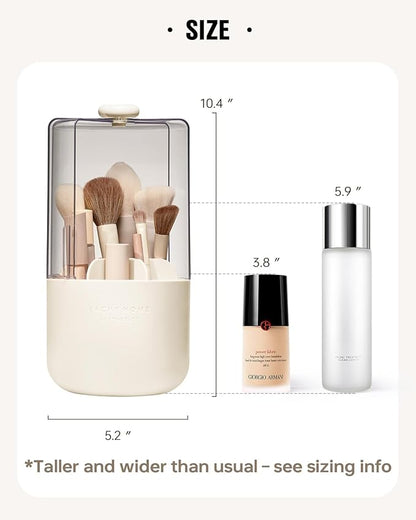 EACHY Makeup Brush Holder 360° Rotating with Dustproof Lid, Waterproof Material, 7 Compartments for Organized Storage, Stylish and Durable Design for Vanity (Beige)