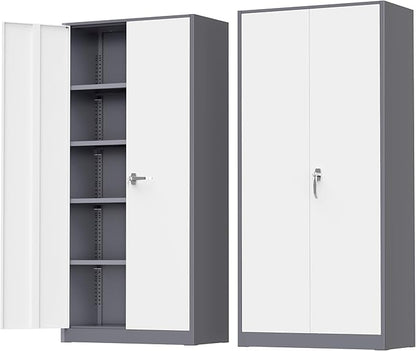 Greenvelly Metal Storage Cabinet with Doors and Shelves, 72" Inch Locking Metal Cabinet,Garage Storage Cabinet for Garage Office School Warehouse (White Gray)