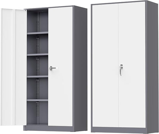 Greenvelly Metal Storage Cabinet with Doors and Shelves, 72" Inch Locking Metal Cabinet,Garage Storage Cabinet for Garage Office School Warehouse (White Gray)