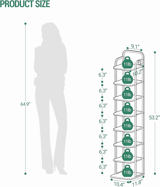 8 Tiers Vertical Shoe Rack, Narrow Shoe Tower, Tall Shoes Shelf with 2 Hooks, Adjustable Shelves, Corner Shoes Shelves for Small Spaces, Entryway, Living Room, Greige SR04305B