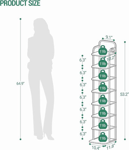 8 Tiers Vertical Shoe Rack, Narrow Shoe Tower, Tall Shoes Shelf with 2 Hooks, Adjustable Shelves, Corner Shoes Shelves for Small Spaces, Entryway, Living Room, Greige SR04305B
