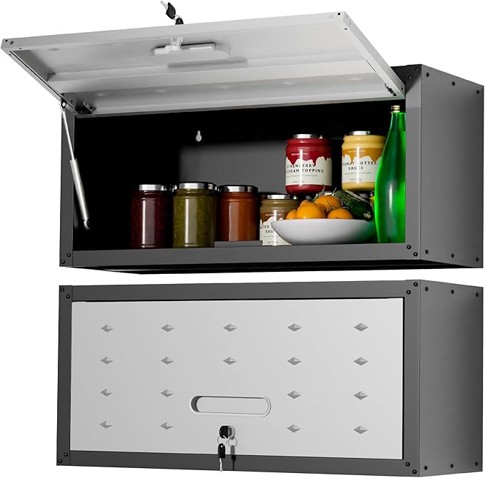 Metal Wall Cabinet,Wall Mounted Garage Cabinets with Lockable Up-Flip Door,Hanging Storage Cabinet 130 lbs Capacity,Floating Cabinet for Tool Organization in Basement,Workshop,Kitchen,Black/Grey