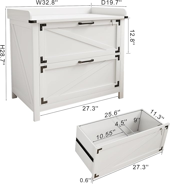 2 Drawer File Cabinet with Lock, Modern Farmhouse Filing Cabinet for LetterFiles, Large Wood File Cabinets for Home Office