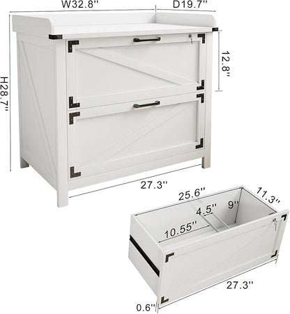 2 Drawer File Cabinet with Lock, Modern Farmhouse Filing Cabinet for LetterFiles, Large Wood File Cabinets for Home Office