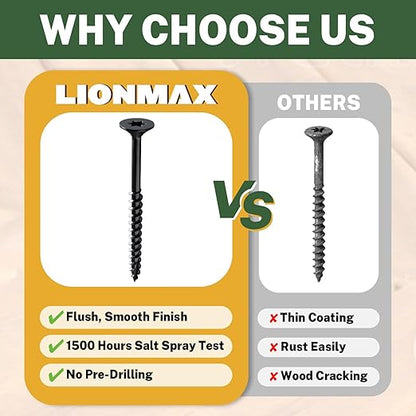 LIONMAX Deck Screws 4 Inch, Wood Screws #10 x 4, 100 PCS, Rust Resistant, Exterior Epoxy Coated, Outdoor Decking Screws, Torx/Star Drive Head Screw, T25 Star Bit Included, Black