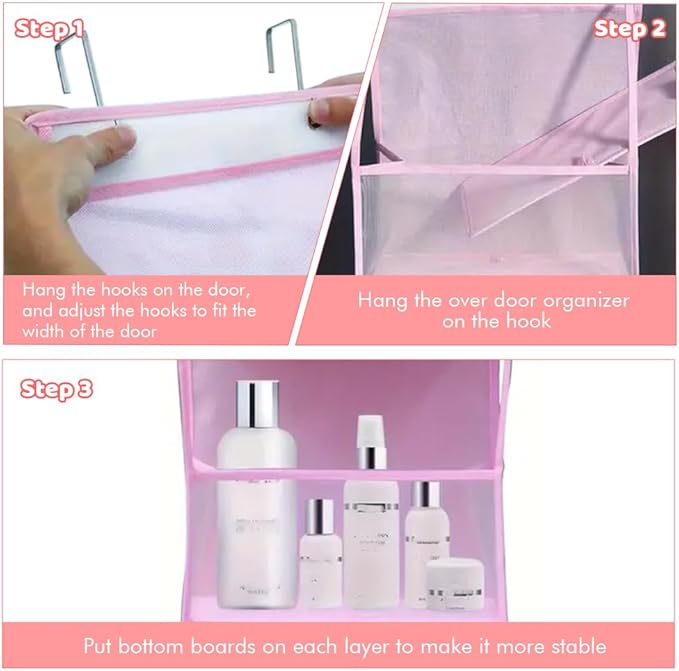 Bibabala Over The Door Organizer Storage,4 Shelf Swing-Proof Behind Door Organizers with Metal Hooks,Closet Hanging Organizer with 4 Large Clear Pocket for Bedroom,Bathroom,Pantry(Pink)