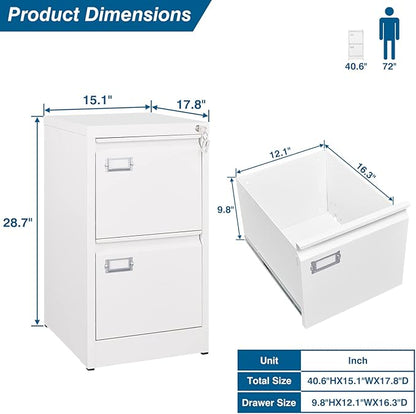 2-Drawer File Cabinet, 16.3" Deep Vertical Filing Cabinet with Lock, Metal File Cabinet for Home Office, Anti-Tip 2 Storage Drawers for Letter/Legal/A4/F4 Size (Assemble Required, White)