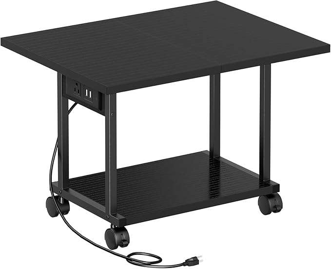 Printer Table, 2-Tier Under Desk Printer Stand with Charging Station, Printer Stand with Wheels, PrinterShelf for Small Spaces, Printer Cart for Home Office Black
