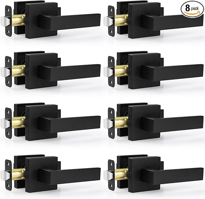 Estmoon 8 Pack Passage Door Handles Matte Black Door Levers, Interior Door Knobs Square Heavy Duty Non-Locking Handlesets Hall Closet Handles