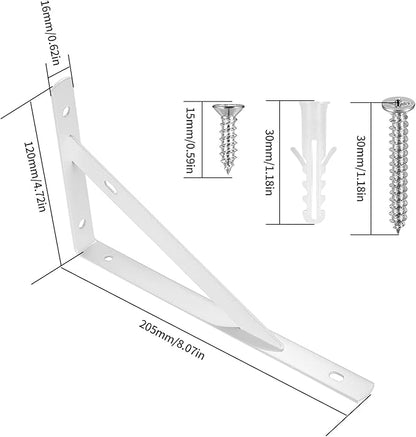 8 Pcs Heavy Duty Shelf Brackets, Floating Metal Shelf Brackets, Metal Wall Mount L Shaped Shelves Support Angle Brackets for Heavy Duty Floating Shelves Shelf Brackets (7.87x4.72 inch White)