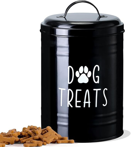 Dog Treat Container Airtight, Dog Treat Jar with Lid - 9x5.5'' Metal Dog Cookie Jar for Farmhouse Kitchen Counter, Black Pet Treat Container, Dog Treat Storage Container for Dogs, Cats