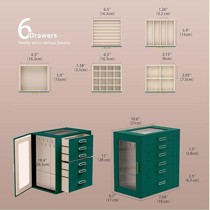 Jewelry Boxes for Women, 6 Layer Jewelry Organizer with Glass Lids, Jewelry Holder Organizer with 5 Drawers and 2 Glass Doors for Jewelry Storage, Big Jewelry Box for Womens Gift (Green)
