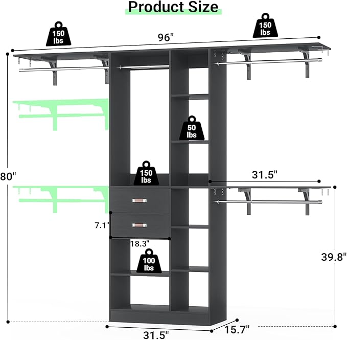 Upgraded 96 Closet System with 18 Storage Place, 8FT Closet Organizers System with 13 Shelves and 2 Wooden Drawers, 96'' Walk-in Closet with 4 Hanging Rods, Adjustable Garment Rack, Black