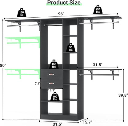 Upgraded 96 Closet System with 18 Storage Place, 8FT Closet Organizers System with 13 Shelves and 2 Wooden Drawers, 96'' Walk-in Closet with 4 Hanging Rods, Adjustable Garment Rack, Black