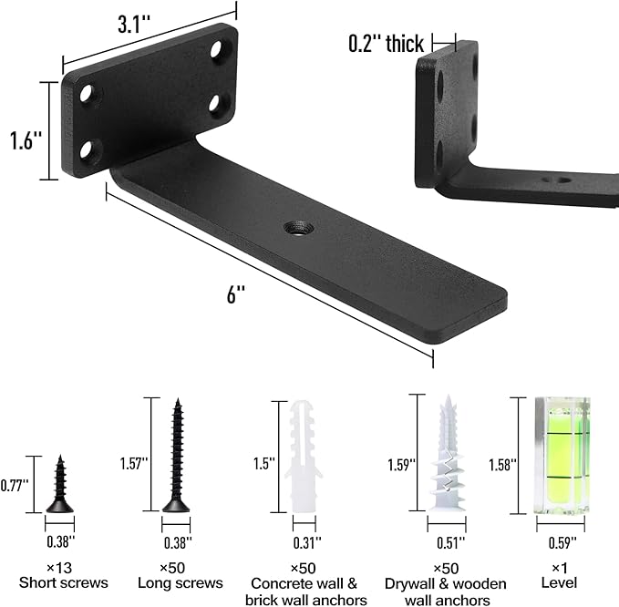 HITOMEN Heavy Duty Floating Shelf Brackets, 6-Inch (1/5'' Thick) Hidden Shelves Hardware, Iron L Brackets, Rustic Industrial Black Metal Wall Shelving Supports, 12 Pack