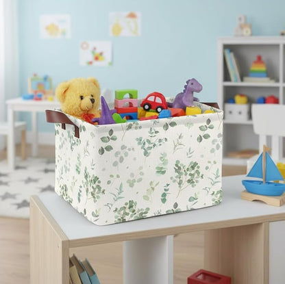Sage Green Storage Basket Waterproof Canvas Toy Storage Bin Home Decor Collapsible Outdoor Basket with Leather Handles Sage Green Blanket Baskets For Closets,Bedrooms,Gifts Baskets