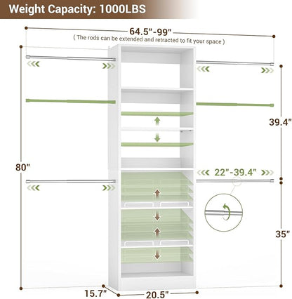 Unikito Closet System, 4-8Ft Wood Closet Organizer Starter Kit with Tower and 4 Extendable Hanging Rods, Walk-in Closet Organizer Wardrobe Clothes Rack with Adjustable Shelves, Garment Rack, White