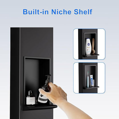 POPFLY Shower Panel Tower System Adjustable Shower Arm Height Rainfall Head System Stainless Steel Shower Panel with Shelf and 6 Body Massage Jets, Bathroom Black Shower Column Panel