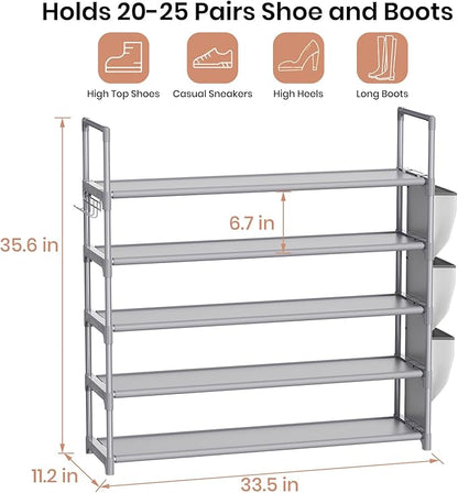 Shoe Rack for Closet Shoe Organizer Space Saver Storage for 20-25 Pair Shoe Shelf with Hook and Side Pocket Free Standing 5 Tier Shoe Rack Organizer for Entryway,Small Spaces, Grey