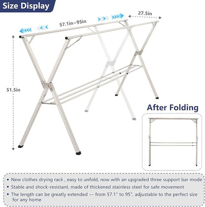 95 inches foldable clothes drying rack, heavy duty stainless steel laundry drying rack for indoor outdoor , clothes rack adjustable length. 3 additional reinforcement bars with 20 windproof hooks
