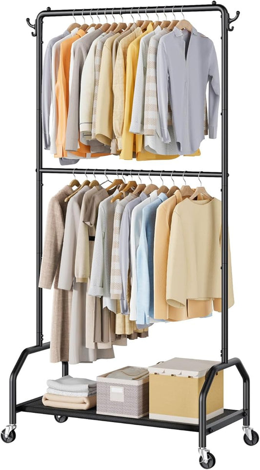 Clothes Rack Double Hanging Clothes Rack Clothing Rack Garment Rack 130LBS Capacity 34.5" W X15.8 D X 79" H Rolling Clothes Racks for Hanging Cothes with Bottom Shelf
