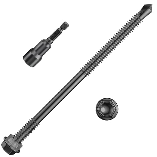 (50Pcs)#14×5" Black Hex Washer Head Self Drilling Screws, 410 Stainless Steel Metal SheetScrews，TEK Screws, Self Tapping Screws,Extensions Extra Long