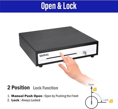 SAM4s 16" Heavy Duty Black Manual Push Open Cash Drawer with 5Bill/5Coin Stainless Steel
