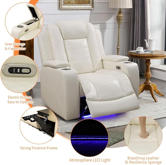 Creamy White Leather Power Recliner Chairs, Two Reclining Sofa Chairs with Comfortable Armrest and Backrest, Living Room Furniture Sets with LED Home Theater Seating for Living Room, Bedroom