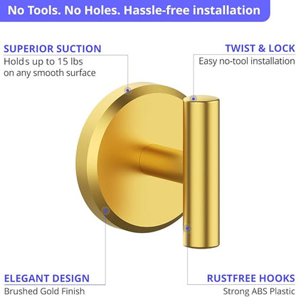 HOME SO Suction Cup Hooks for Shower & Bathroom Towel Holder 2-Pack – Suction Cups Hooks for Hanging Towels, Robes, & Coats - Tiles, Glass Door or Mirror – Shower Hooks & Towel Hooks - Gold T-Shape