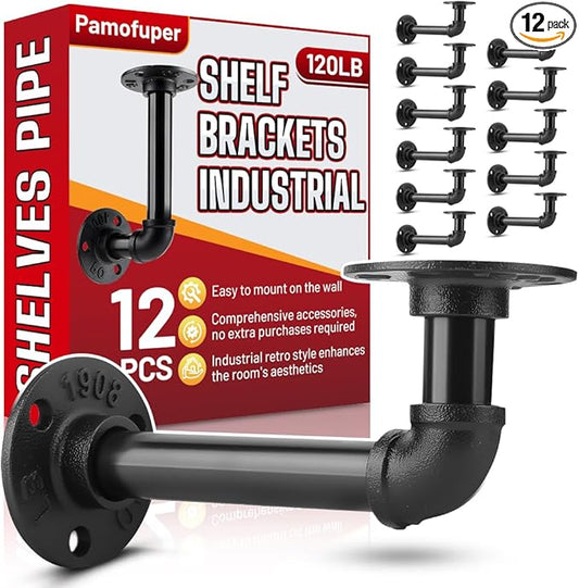 12 Pack Shelf Brackets for 7 - 14 in Wooden Board Pipe Shelf Brackets, Heavy Duty Pipe Shelving Bracket, L Industrial Shelving Brackets, Floating Shelves Bracket, Black