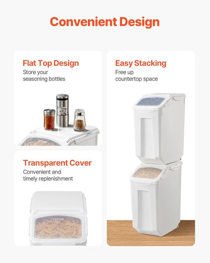 VEVOR Rice Storage Container, 4.5Gallon/20L x2 Capacity Large Dog Food Dispenser Bin, Kitchen Ingredient Grain Cereal Flour Bin, Pet food Containers with Wheels, 2 Measuring Cups, Airtight Lid, 2 Pack