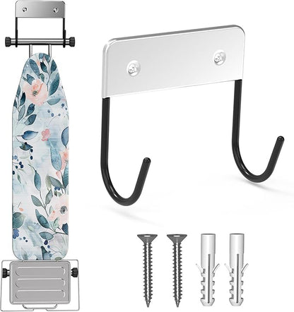 Ironing Board Hanger Wall Mount, Ironing Board Holder for Y or T Shaped,Stainless Steel Wall Hook Iron Board Holder for Laundry Rooms with 2 Hooks (Black)