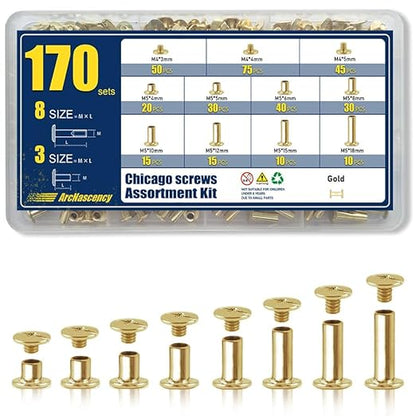 170 Sets Gold Chicago Screws Leather Rivets Kit, 8 Sizes (M5*4,5,6,8,10,12,15,18) & 3 Screw Lengths (M4*3,4,5) for Belts, Bookbinding, DIY Leather (Gold)