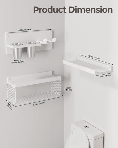 Puricon Floating Bathroom Shelves with Hair Dryer Holder, 3-Tier Rustic Wood Wall Mounted Organizers Set, Space Saving Over-Toilet Storage and Home Decor Hanging Rack -White