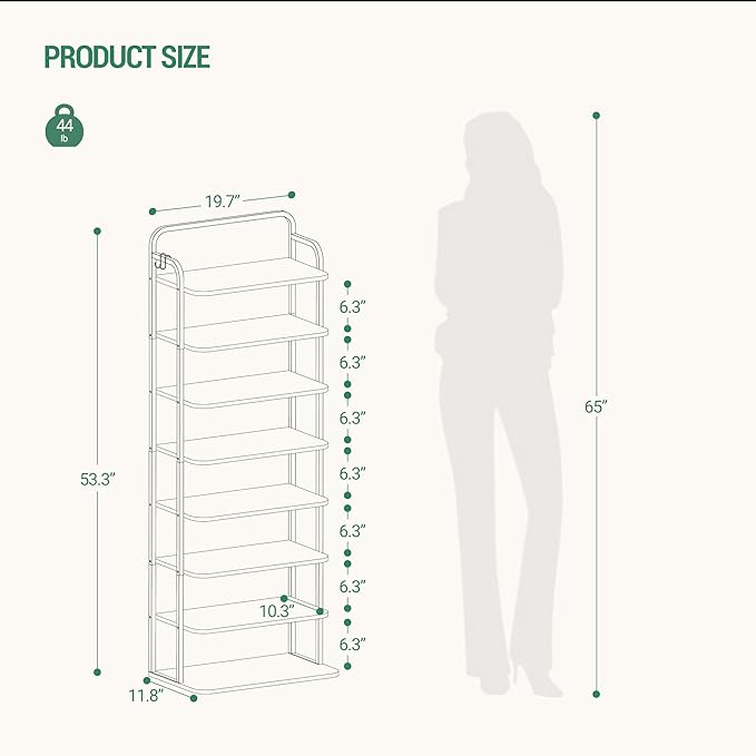 8 Tiers Widened Vertical Shoe Rack, Narrow Shoe Tower, Tall Shoes Shelf with 2 Hooks, Adjustable Shelves, Corner Shoes Shelves for Small Spaces, Entryway, Living Room, Rustic Brown SR12501B