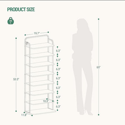8 Tiers Widened Vertical Shoe Rack, Narrow Shoe Tower, Tall Shoes Shelf with 2 Hooks, Adjustable Shelves, Corner Shoes Shelves for Small Spaces, Entryway, Living Room, Rustic Brown SR12501B