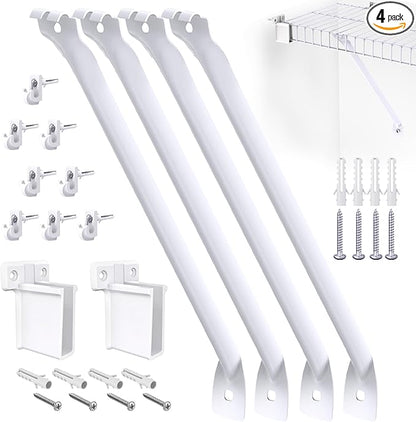 4 Pcs 12 Inch Wire Shelf Brackets, Metal Support Brackets with 8 Wire Shelf Clips and 2 End Brackets, Wire Closet Support Shelving for Closet Shelves Racks and Wardrobe