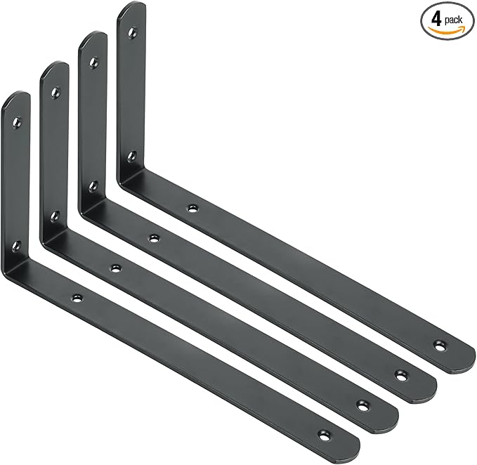 Alise Floating Shelf Brackets,Black Bracket for Shelves Heavy Duty L Bracket Corner Brace for Walls,Stainless Steel Joint Angle Brackets for Wood Board Support,12x6.3x1.2 Inch Upgraded(Pack of 4)