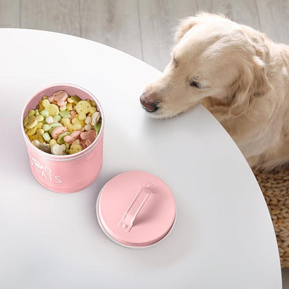 Pink Small Dog Treat Container Airtight - 6" Tall X 4.9" Round Pink Dog Treat Jar for Kitchen Counter - Rustic Treat Storage Canister for Dogs, Cats, Small Animals - Gifts for Pet Owners
