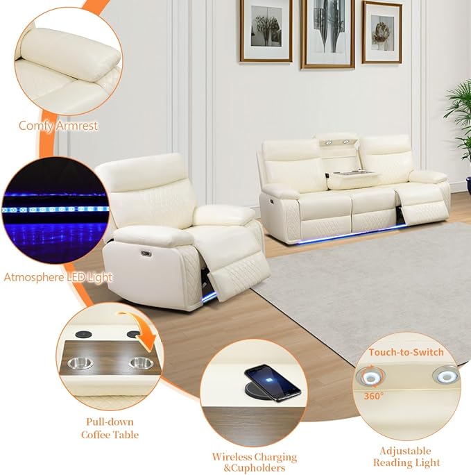 Beige Leather Power Recliner Chairs, Two Reclining Sofa Chairs with Comfortable Armrest and Backrest, Living Room Furniture Sets with LED Home Theater Seating for Living Room, Bedroom