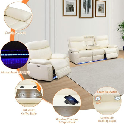 Beige Leather Power Recliner Chairs, Two Reclining Sofa Chairs with Comfortable Armrest and Backrest, Living Room Furniture Sets with LED Home Theater Seating for Living Room, Bedroom