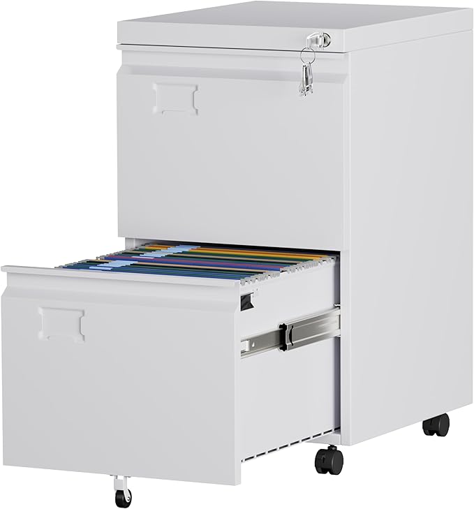 Aobabo 2 Drawer Filing Cabinet with Wheels, Lockable Metal File Cabinet with Business Card Slot for Legal/Letter Size Home Office, Required Assembled,White