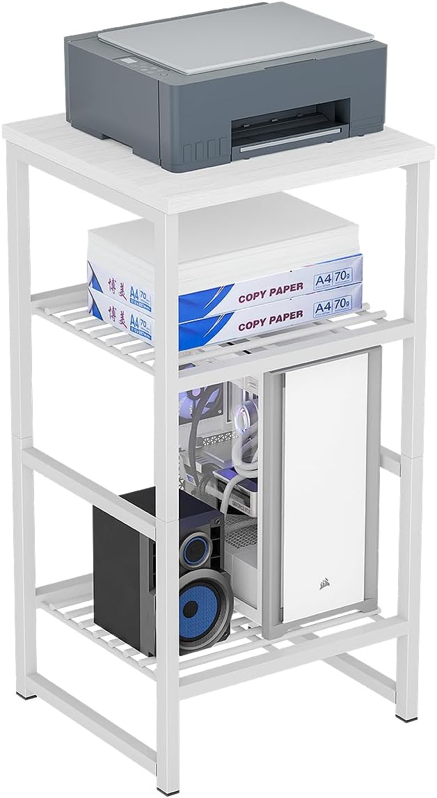 3 Tier Metal Printer Stand Shelf, White Side Table for Printer, Fax Marchine