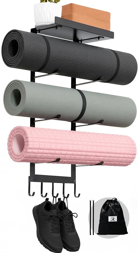 Slim Panda Yoga Mat Holder Wall Mount With Mesh Bag,Yoga Accessories Storage Rack,Home Gym Organizer with Metal Floating Shelf & 5 Hooks for Hanging Yoga Mats, Foam Roller, Resistance Bands