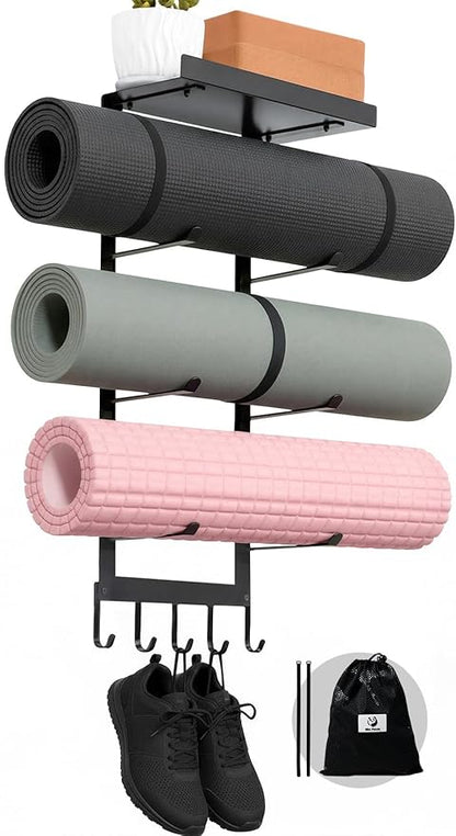 Slim Panda Yoga Mat Holder Wall Mount With Mesh Bag,Yoga Accessories Storage Rack,Home Gym Organizer with Metal Floating Shelf & 5 Hooks for Hanging Yoga Mats, Foam Roller, Resistance Bands