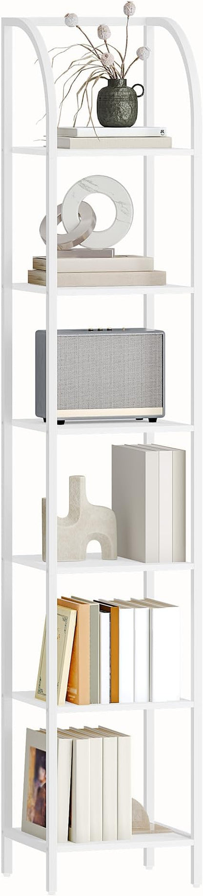 Bookshelf Narrow Bookcase, Tall Storage Rack with Steel Frame, Display Standing Shelf Unit, Skinny Book Shelf for Study Living Room Home Office, Industrial Style, 6-Tier White BC56013W
